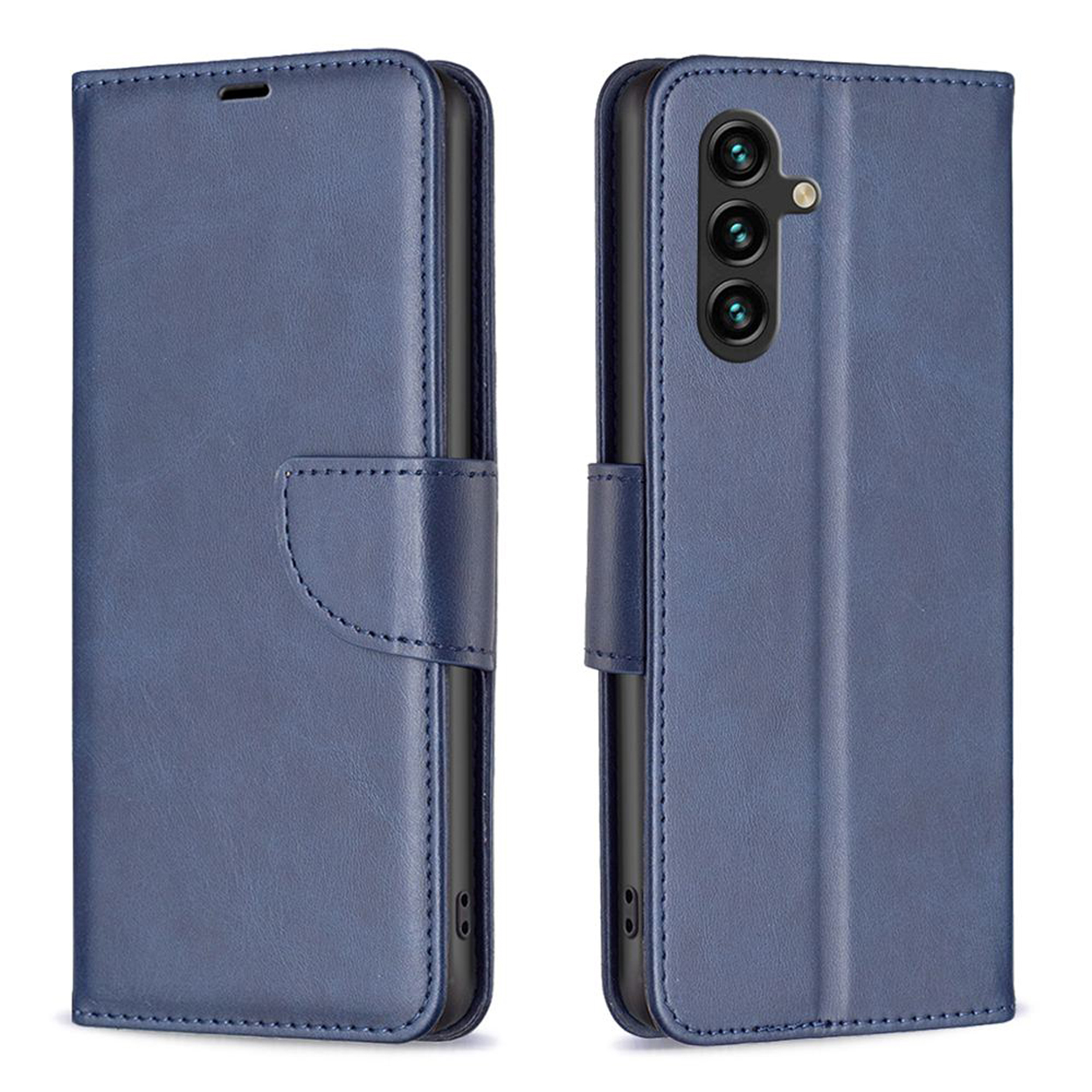 Blauwe telefoonhoes, gesloten en open, met magnetische sluiting. Toont de camera van de telefoon.