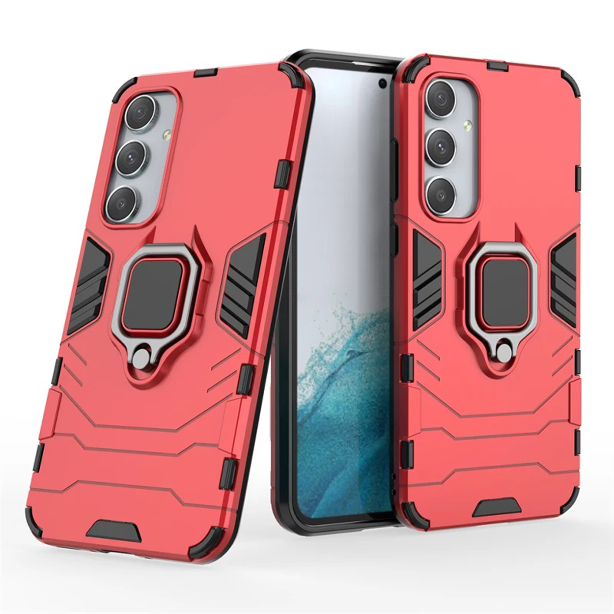 Twee rode telefoonhoesjes met een zwarte telefoon erin. Ze hebben een ringhouder en een standaard.