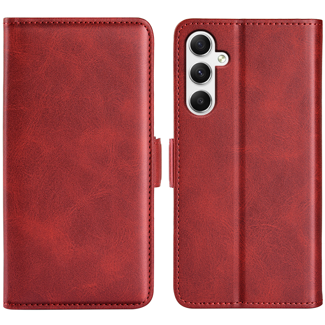 Étui de téléphone en cuir rouge. Un côté ouvert, avec le support de téléphone visible.