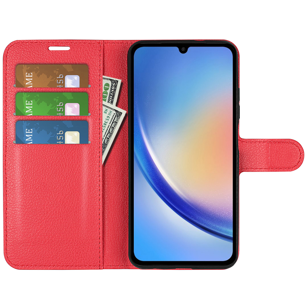 Rode telefoonhoes, met kaartsleuven, contant geld en een telefoon die een gebruikersinterface weergeeft, op een witte achtergrond.
