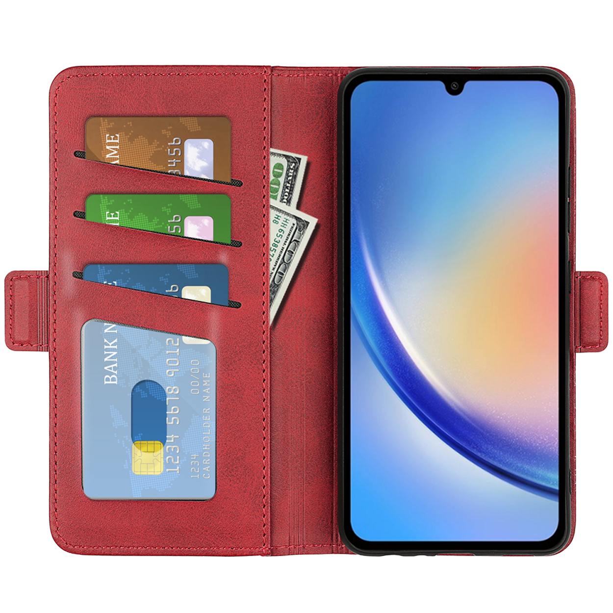 Étui de téléphone en cuir rouge ouvert avec cartes, espèces et un téléphone affichant un écran.