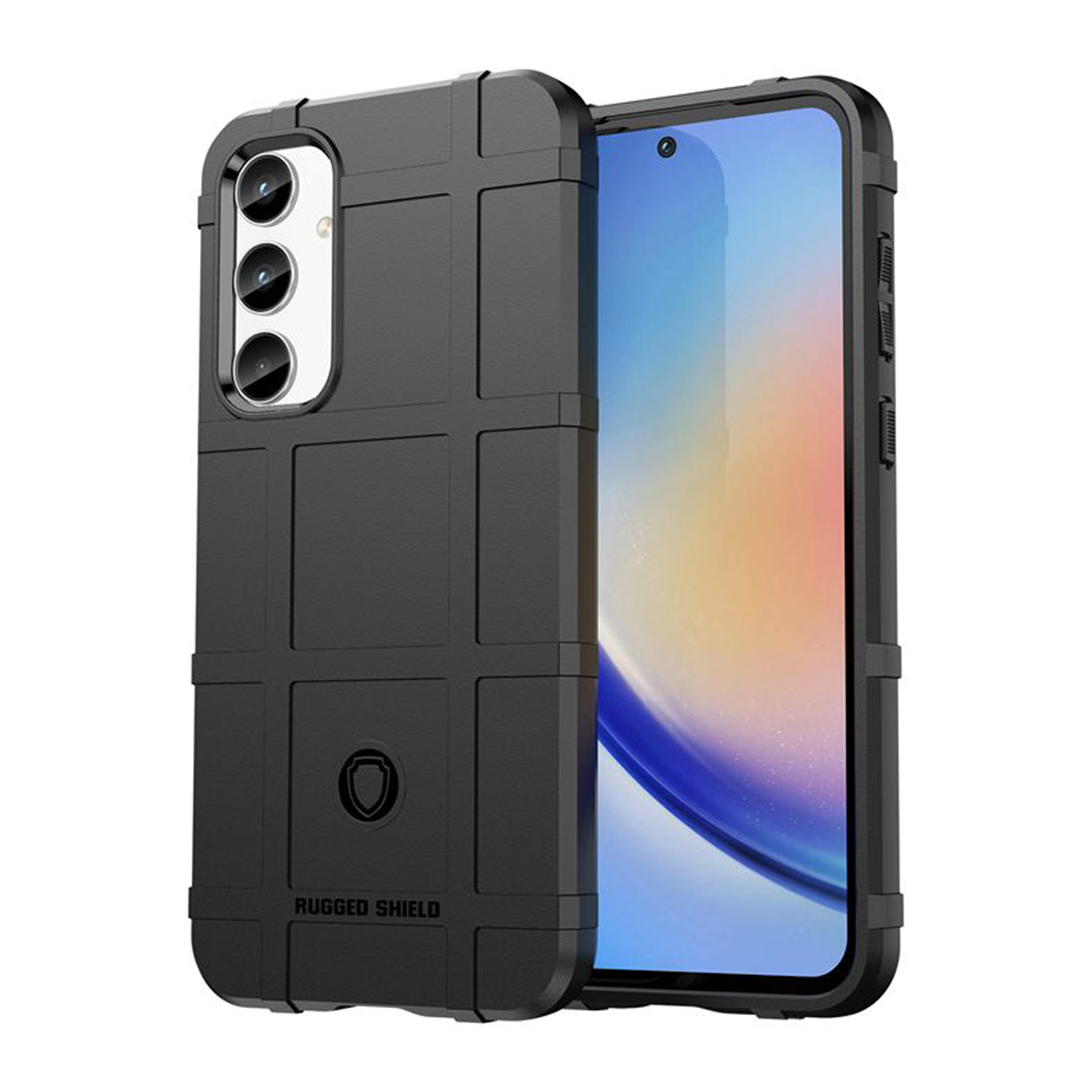 Zwarte telefoonhoes met een robuust ontwerp, met drie cameralenzen.