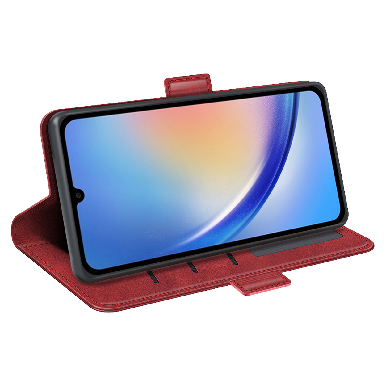 Une coque de téléphone rouge avec un téléphone à l'intérieur, ouverte. L'écran affiche une image colorée.