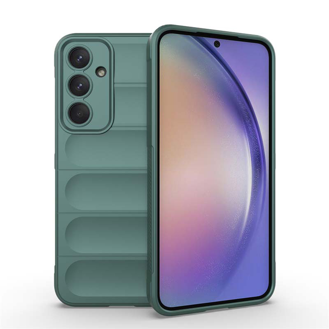 Coque de téléphone verte avec un design de dos strié, avec un module de caméra.