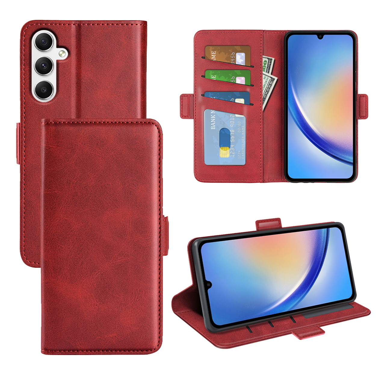 Étui de téléphone rouge avec un design portefeuille, montrant le téléphone et les cartes à l'intérieur. L'étui est ouvert.