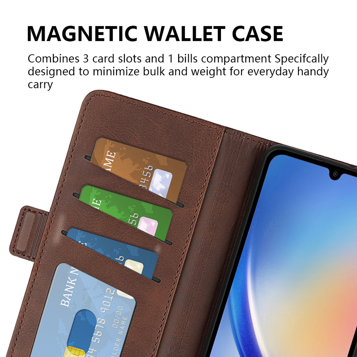 Een bruine leren portemonnee-etui met kaarten en telefoon erin.