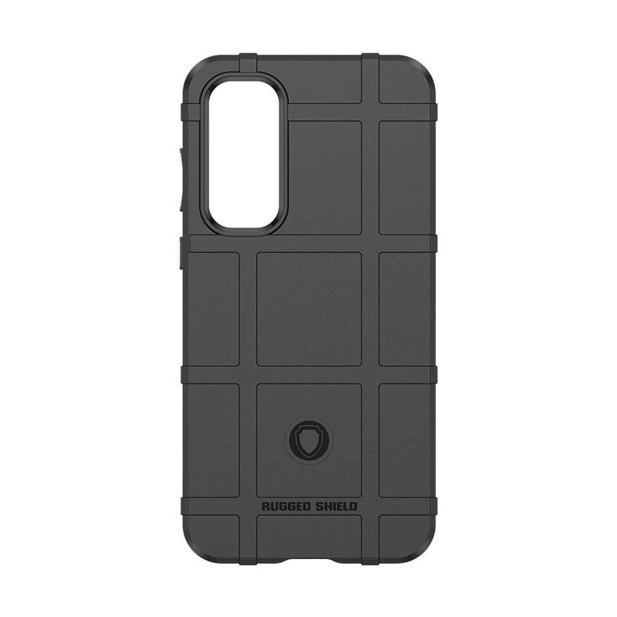 Zwarte robuuste telefoonhoes met gestructureerd ontwerp. De achterkant heeft een rasterpatroon en een logo.