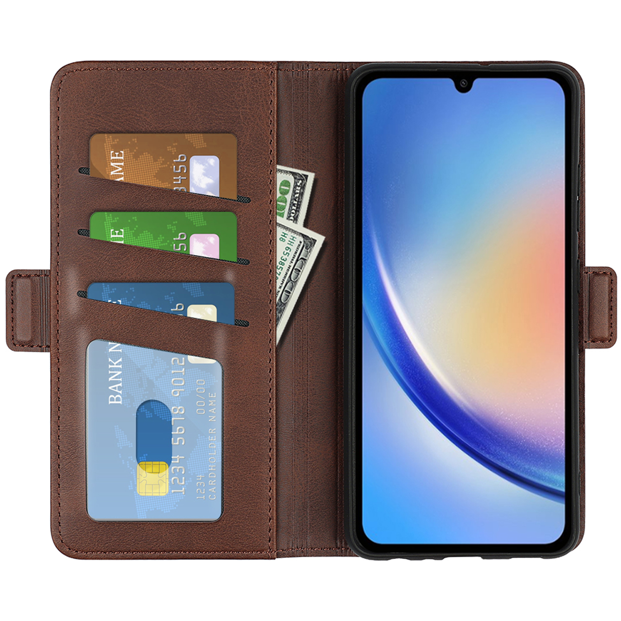Bruine leren telefoonhoes open. Toont kaartsleuven, contant geld en het telefoonscherm.