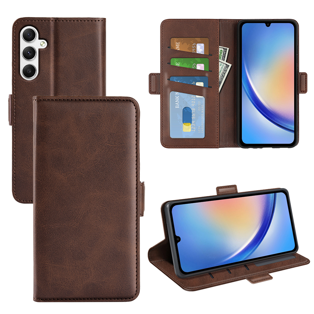 Bruine portemonnee telefoonhoes met kaartsleuven en een contantgeldvak. Telefoon zit erin.
