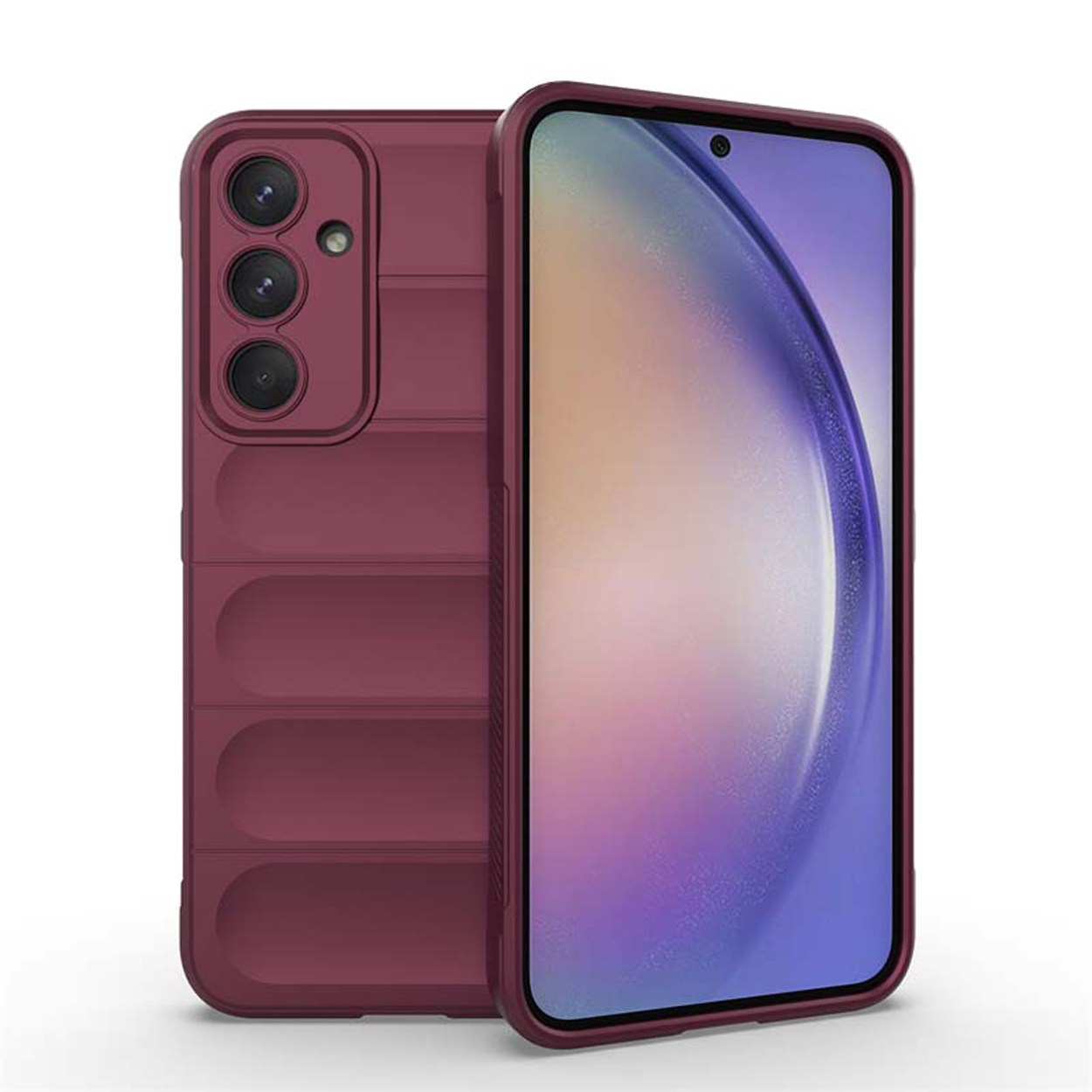 Un étui de téléphone bordeaux avec un dos texturé, avec une section pour l'appareil photo. L'étui est sur une surface blanche.