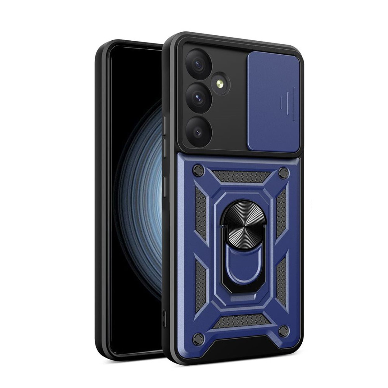 Blauwe en zwarte telefoonhoes met cameralensbeschermer en ring. Er zit een telefoon in.
