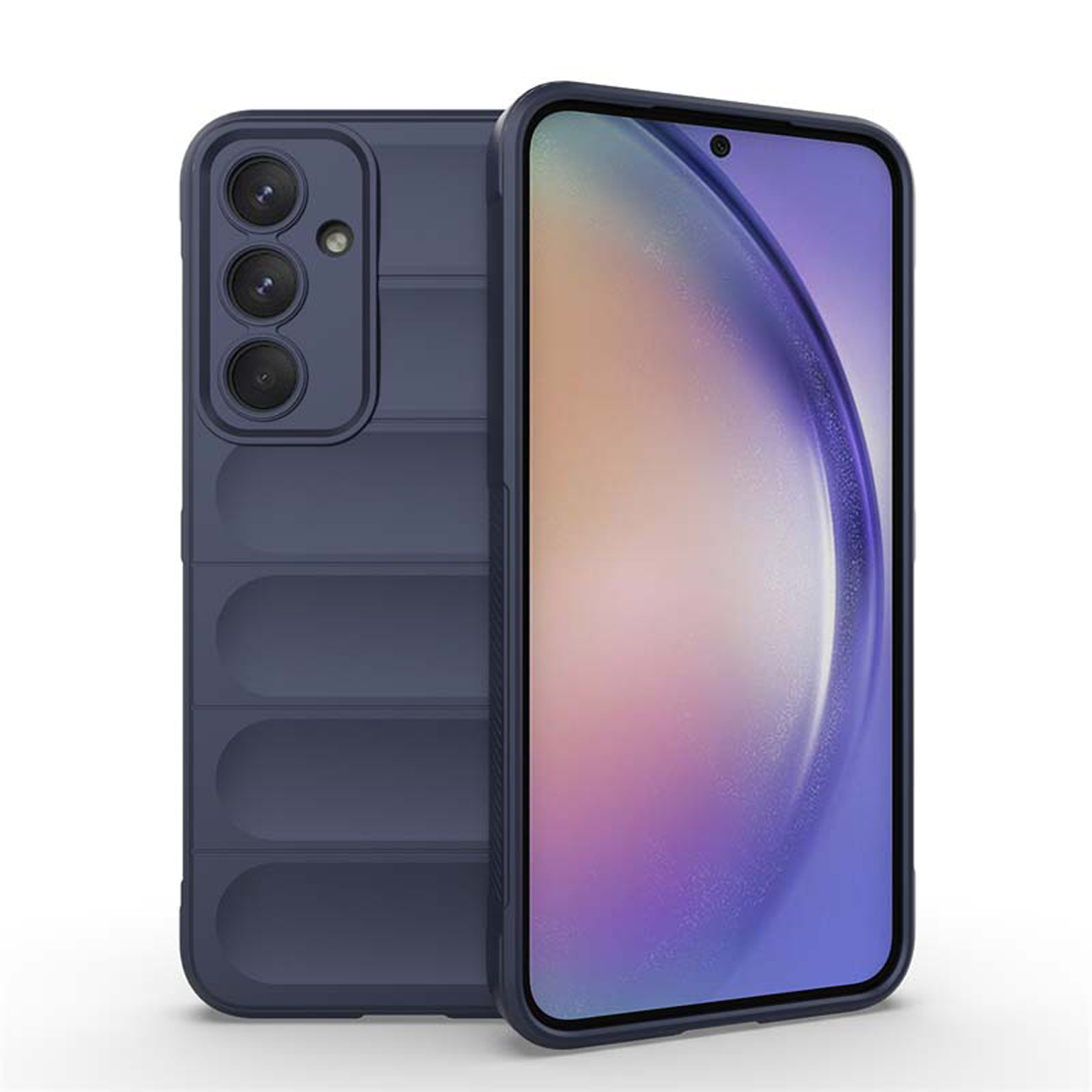 Coque de téléphone bleu marine avec rainures au dos et téléphone à l'intérieur, sur fond blanc.