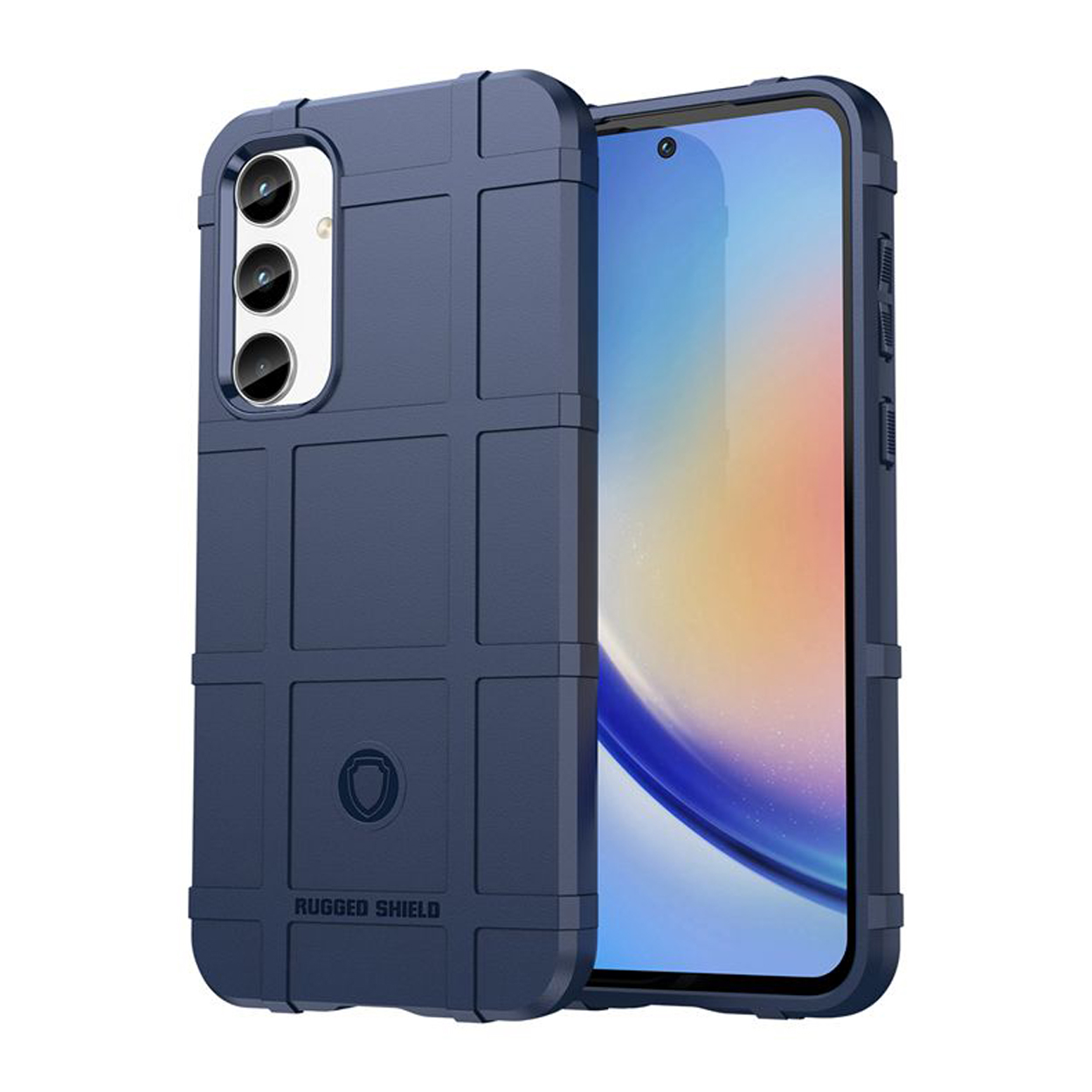 Blauwe robuuste telefoonhoes met een rasterpatroon. De telefoon is zichtbaar in de hoes.