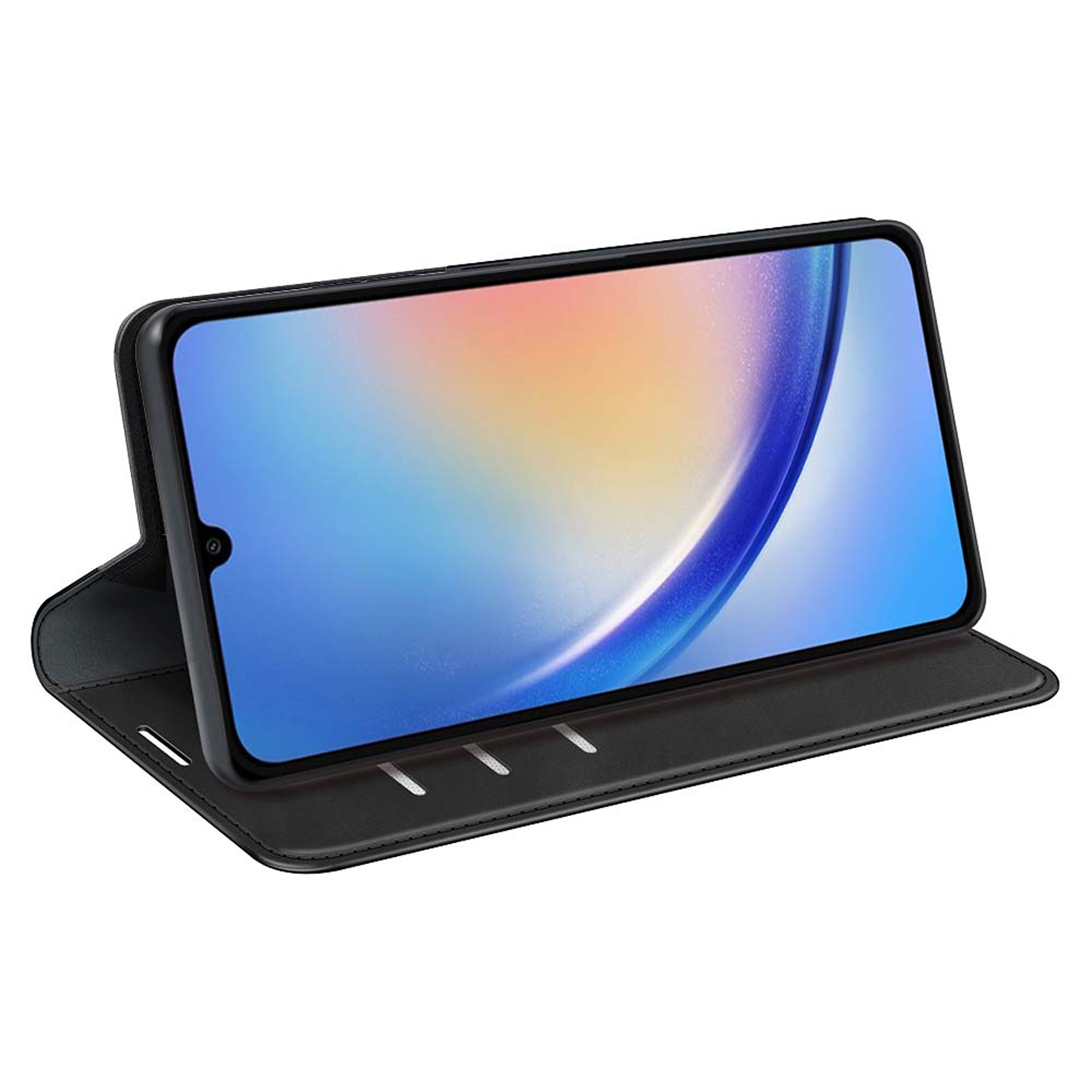 Zwarte telefoon in een zwarte hoes. Het telefoonscherm toont een kleurrijk beeld. De hoes is open.