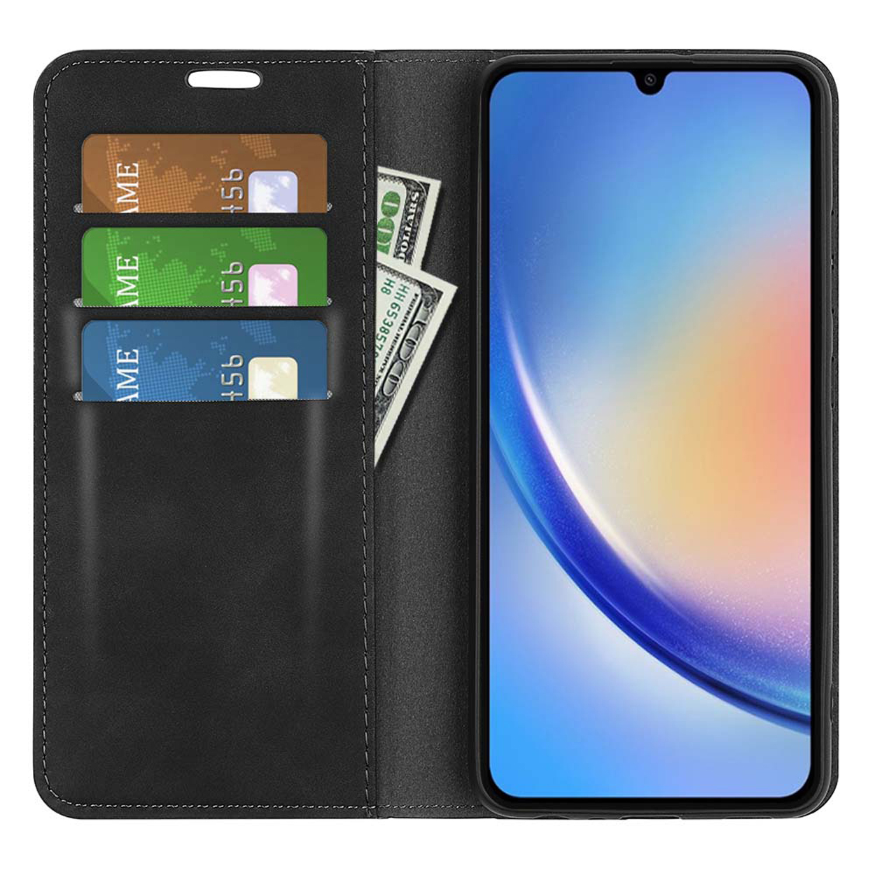 Zwarte telefoonhoes, met telefoon, creditcards en geld.
