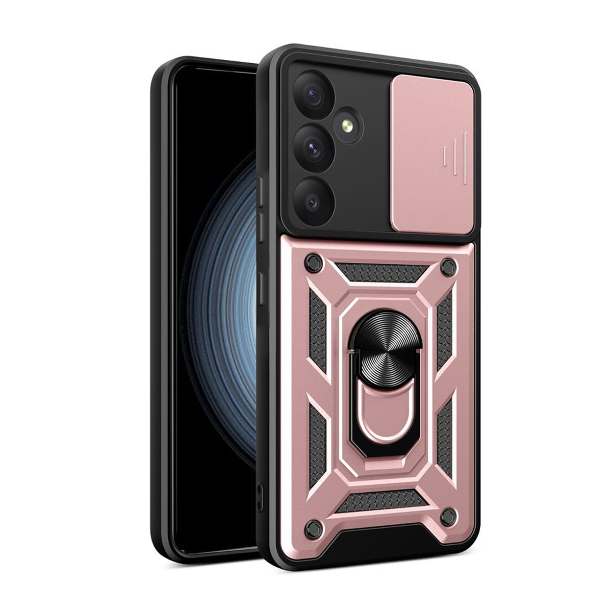 Roségouden en zwarte telefoonhoes met cameralensbeschermer en ring. Er zit een telefoon in.