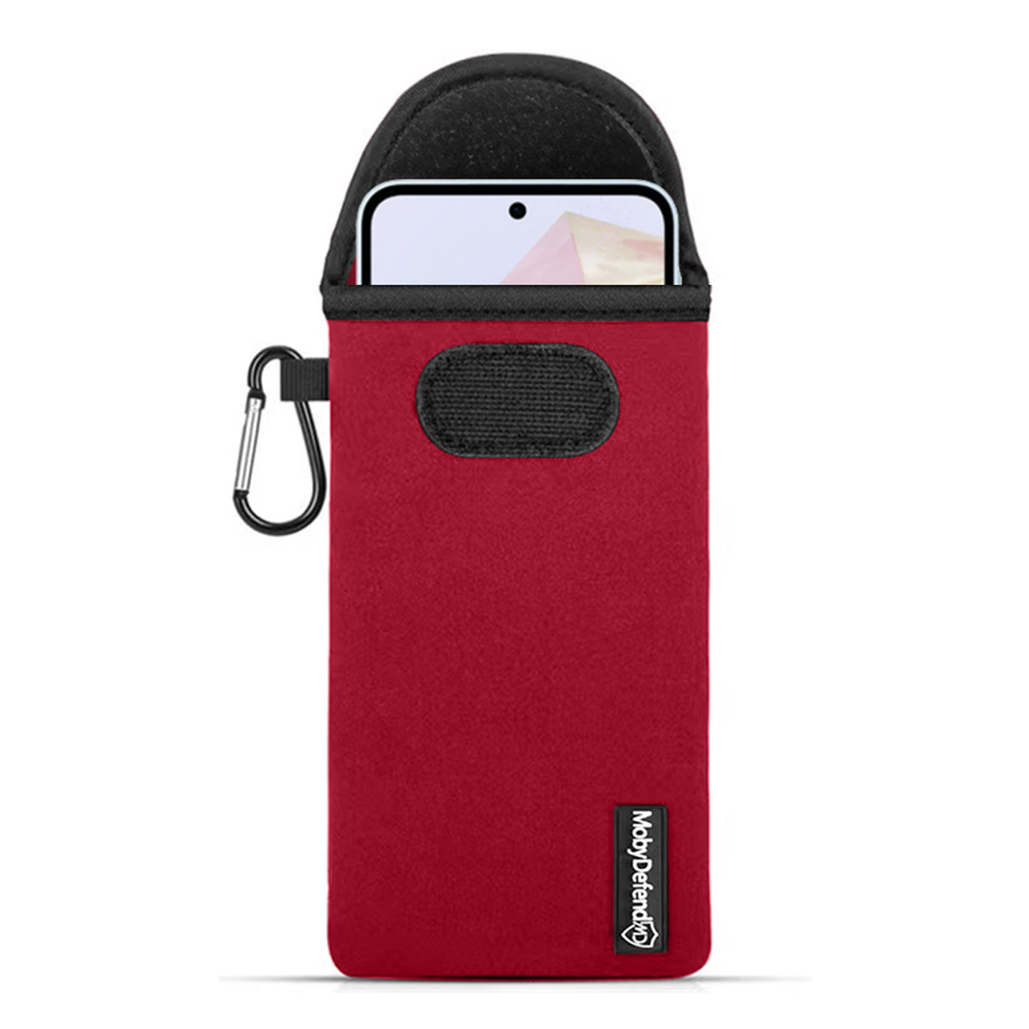 Rode telefoonhoes met een telefoon erin en een zwarte karabijnhaak.