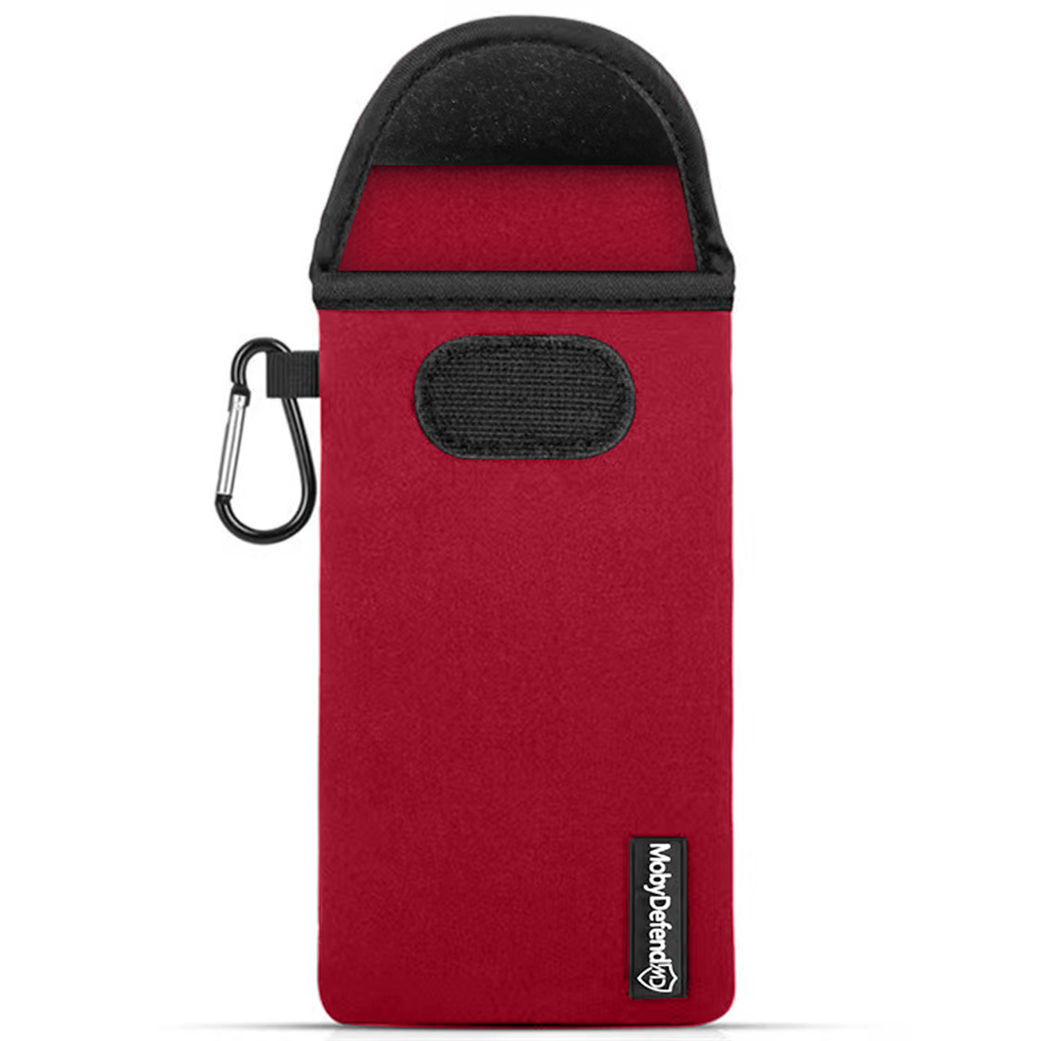 Een rode telefoonhoes met een zwarte bovenkant en een karabijnhaak.