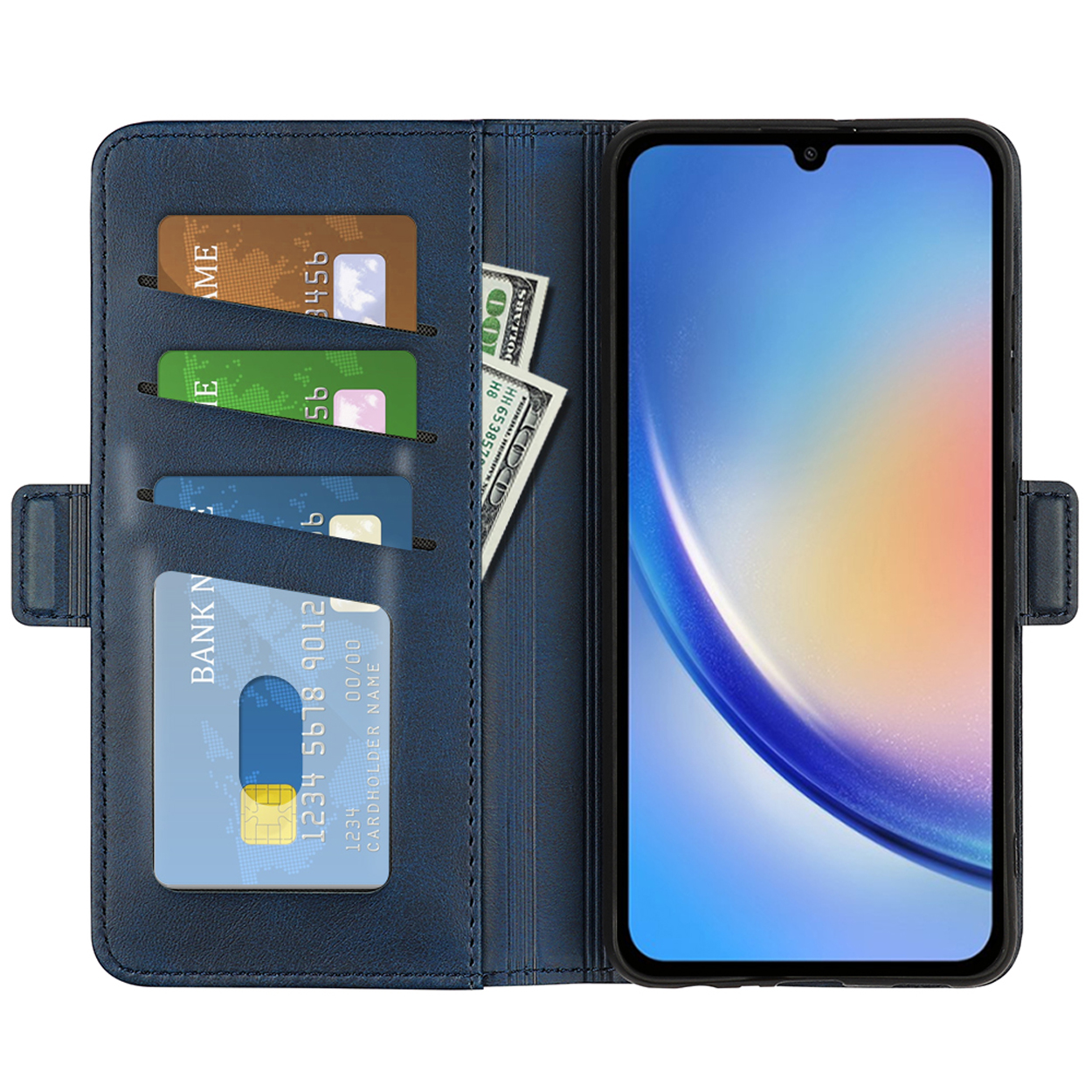 Blauwe telefoonhoes met kaarten, contant geld en een telefoon die een gebruikersinterface weergeeft, op een witte achtergrond.