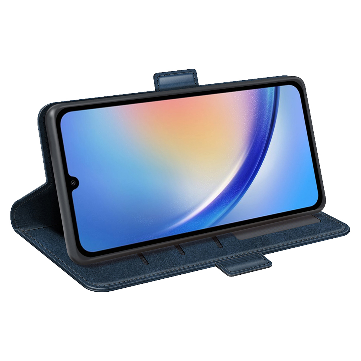 Een telefoon in een blauwe leren hoes, open, met een kleurrijk scherm.