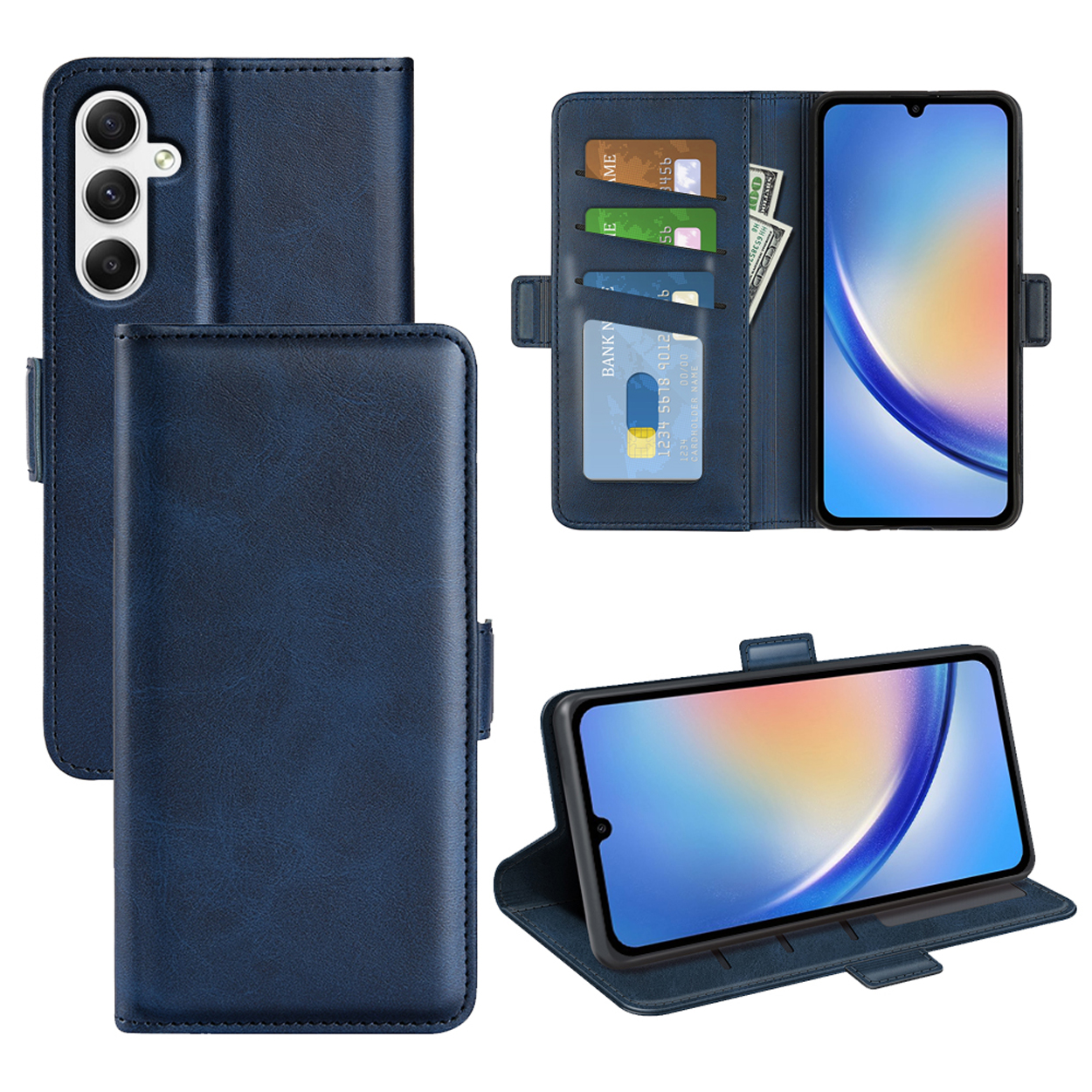 Blauwe telefoonhoes met kaartsleuven en een zichtbare telefoon. Meerdere weergaven.