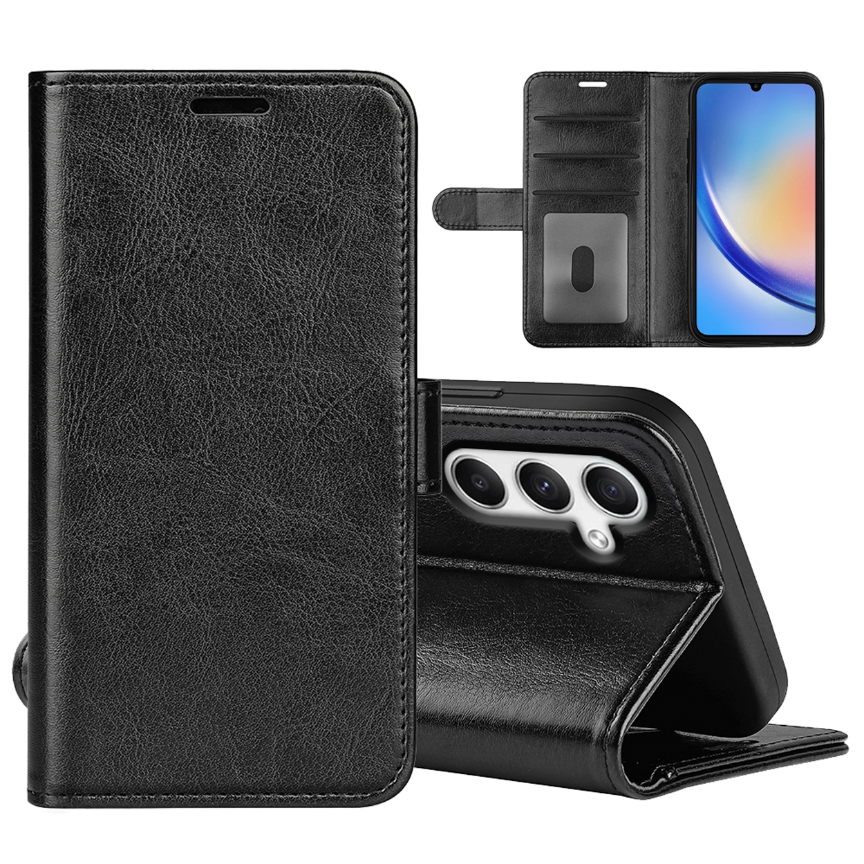 Un étui de téléphone en cuir noir en position ouverte avec un téléphone à l'intérieur et des fentes.
