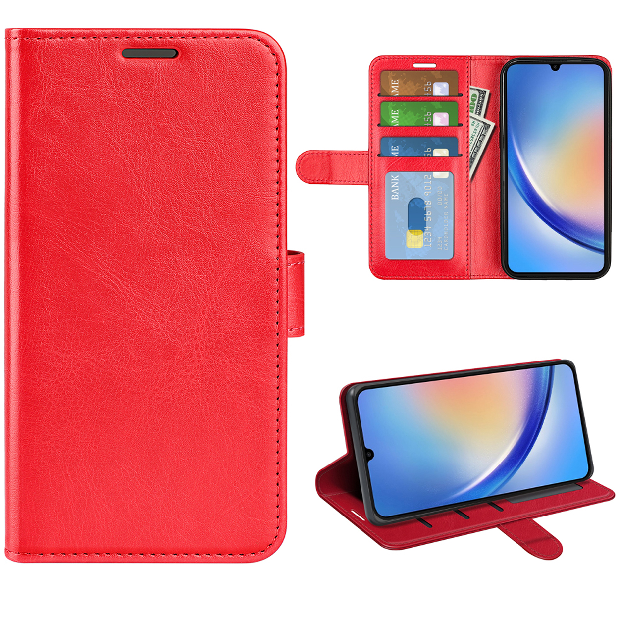 Étui de téléphone en cuir rouge, ouvert montrant cartes et espèces, et un téléphone. Vues ouvertes et pliées.