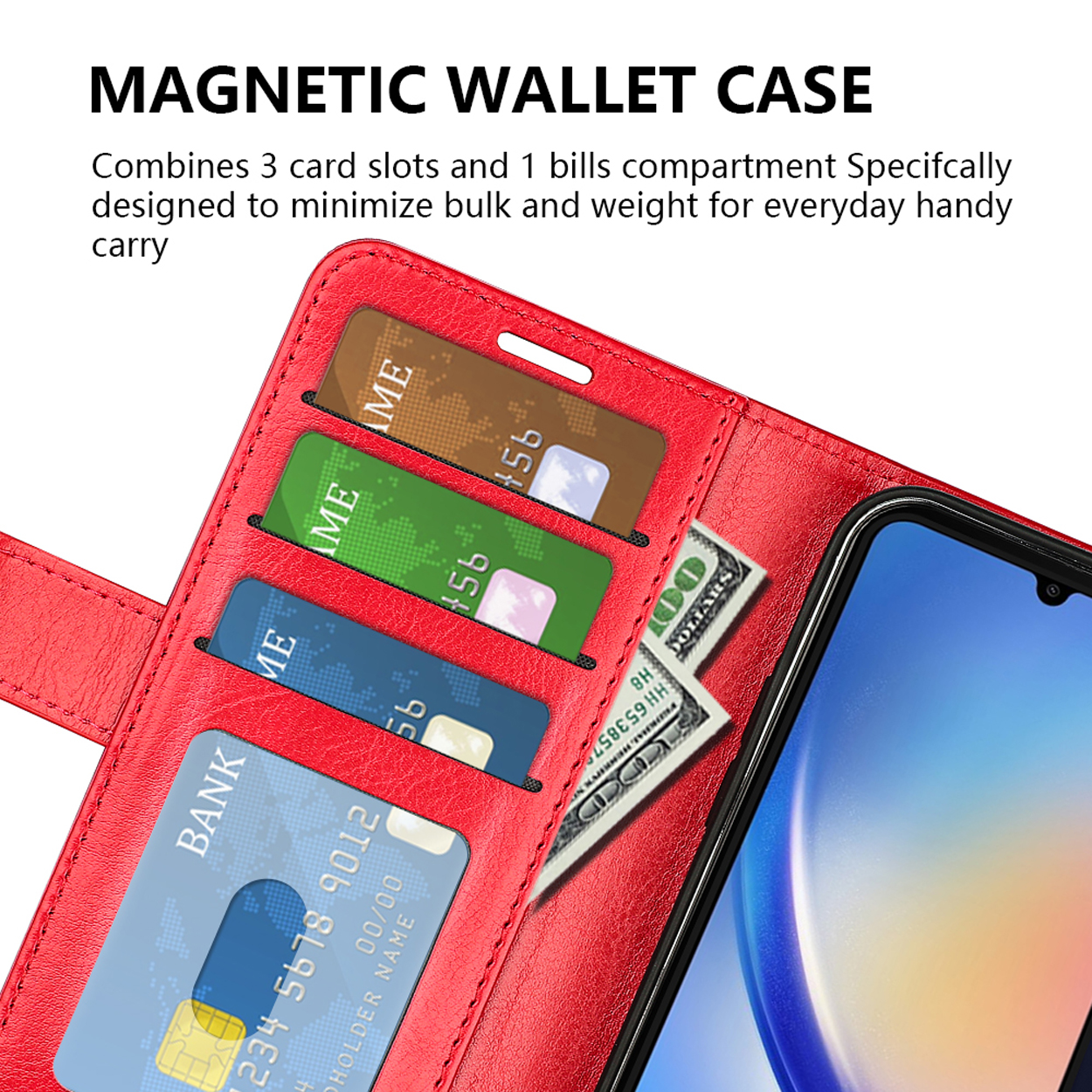 Étui portefeuille rouge avec fentes pour cartes, argent et téléphone. Gros plan.