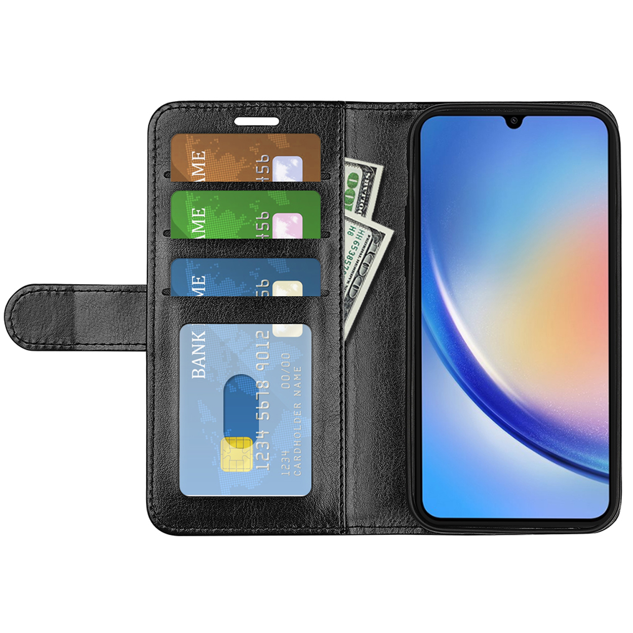 Étui de téléphone noir ouvert avec cartes et argent à l'intérieur, un téléphone avec une interface bleue est visible.