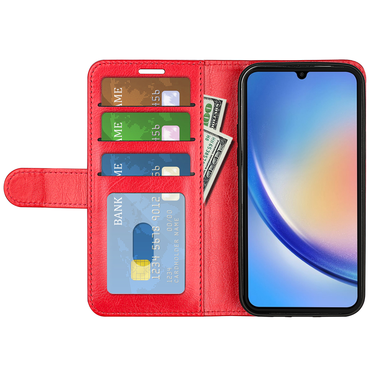Coque de téléphone rouge ouverte, montrant cartes et espèces. Téléphone à droite. Fond blanc.