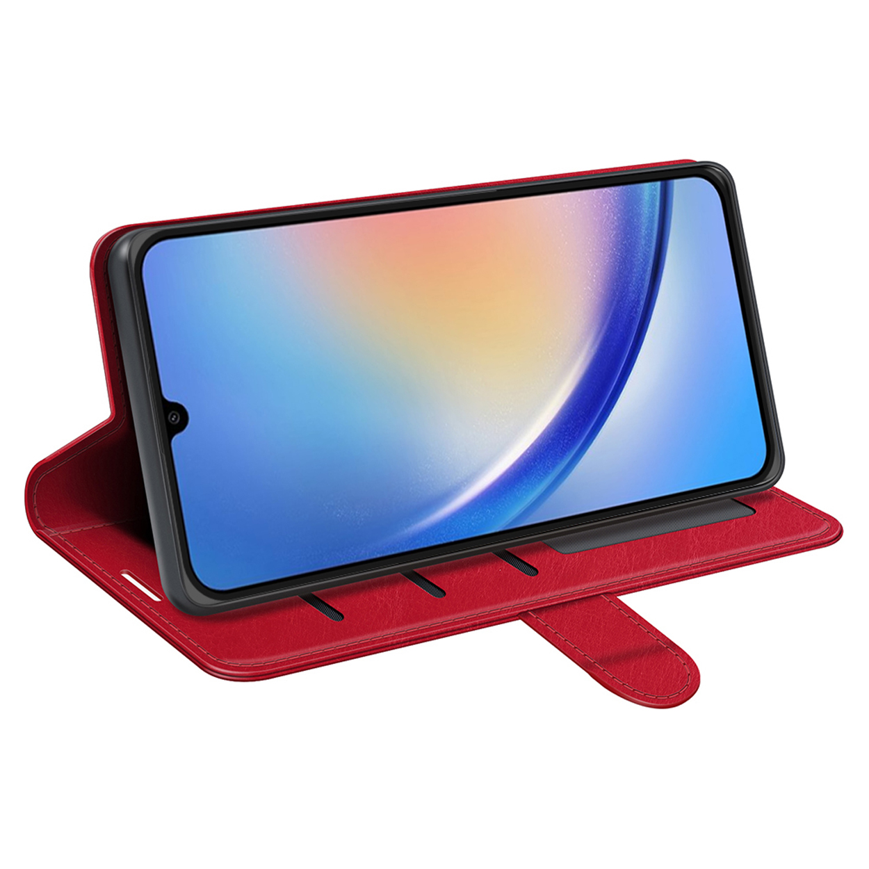 Coque de téléphone rouge ouverte avec téléphone à l'intérieur, légèrement incliné.