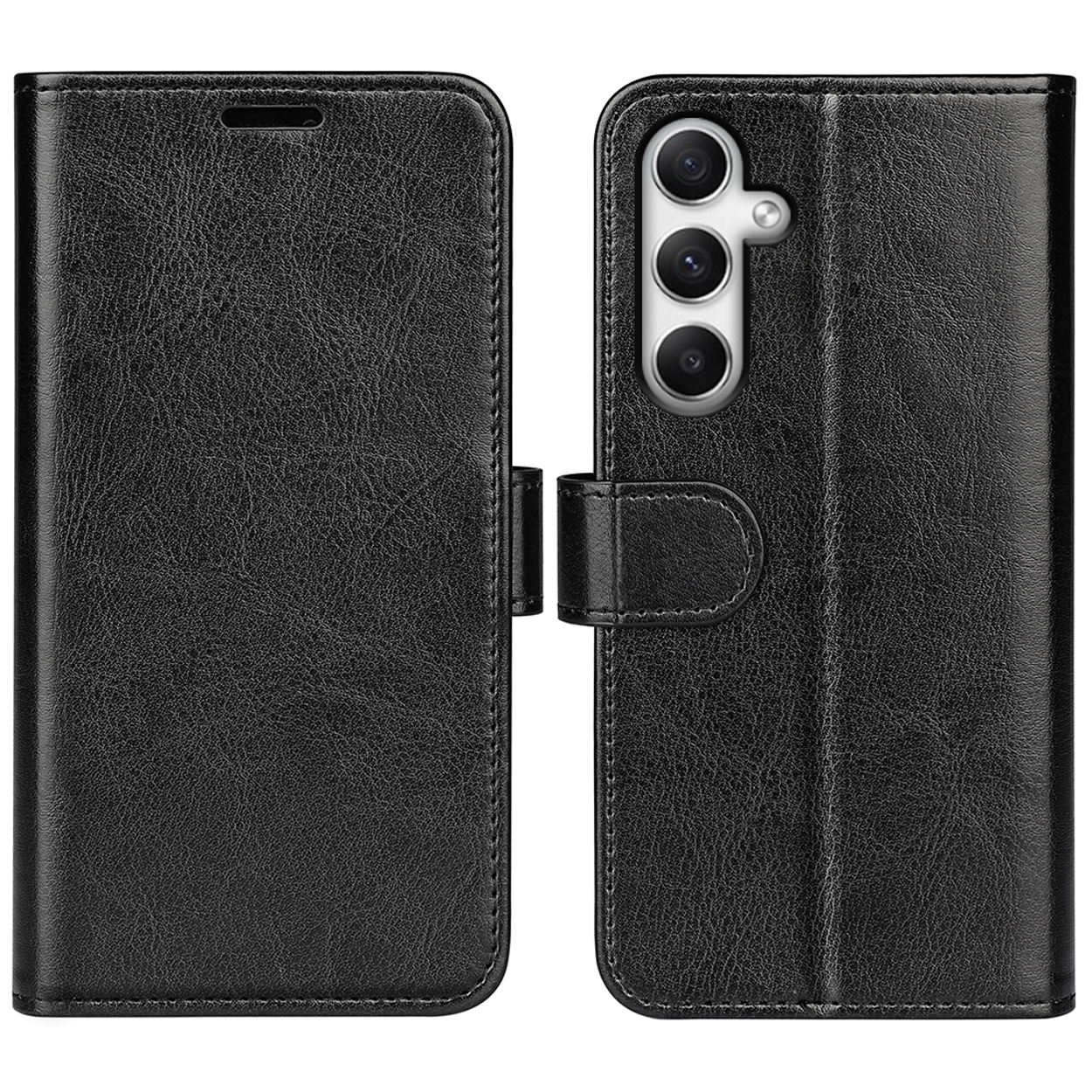Étui de téléphone noir, fermé, avec une bosse de caméra à l'arrière, posé sur un fond blanc.