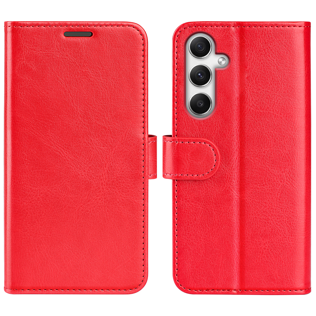 Étui de téléphone rouge, fermé et ouvert, montrant la caméra du téléphone. A un fermoir.