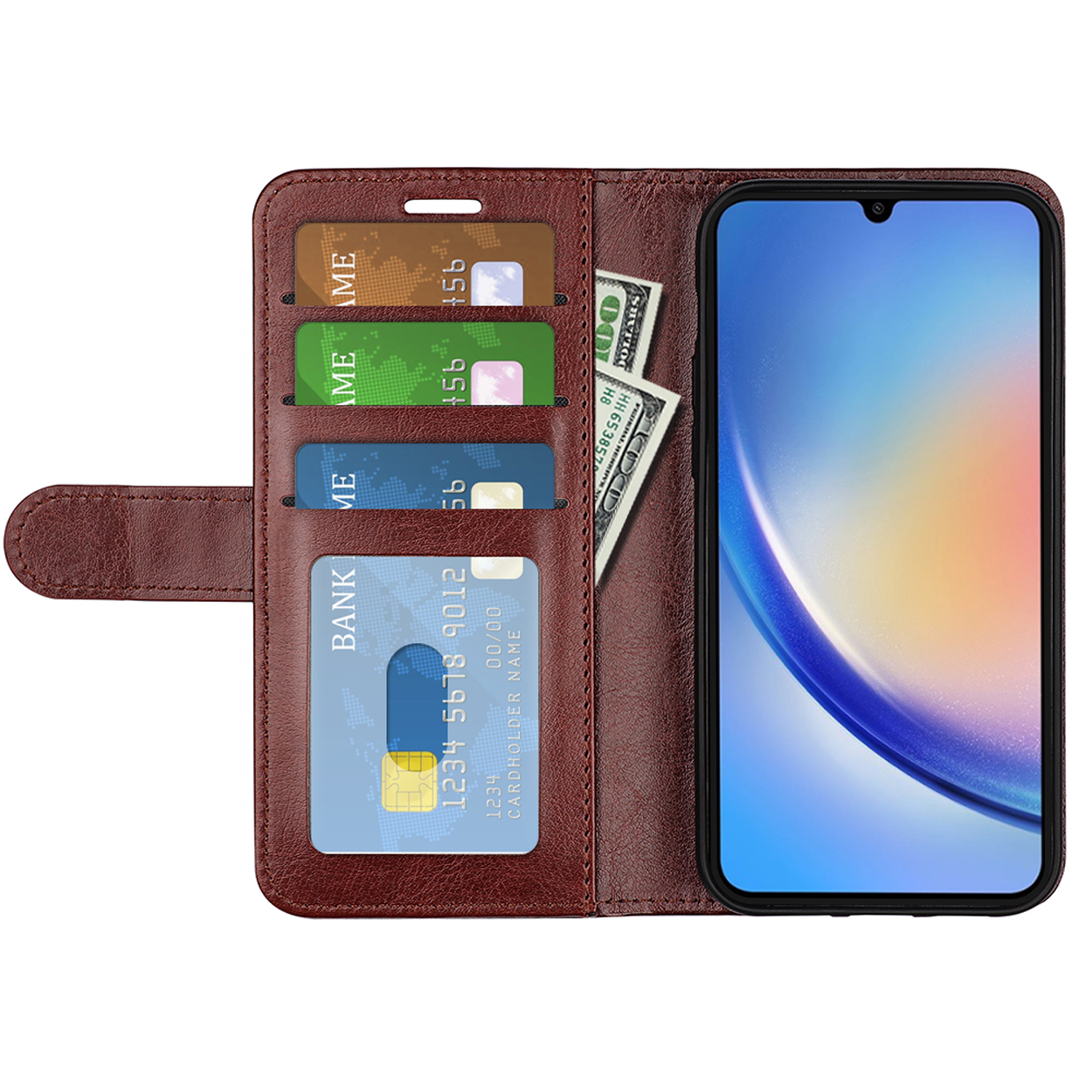 Bruine telefoonhoes met kaartsleuven, contant geld en een telefoon met blauwe interface.