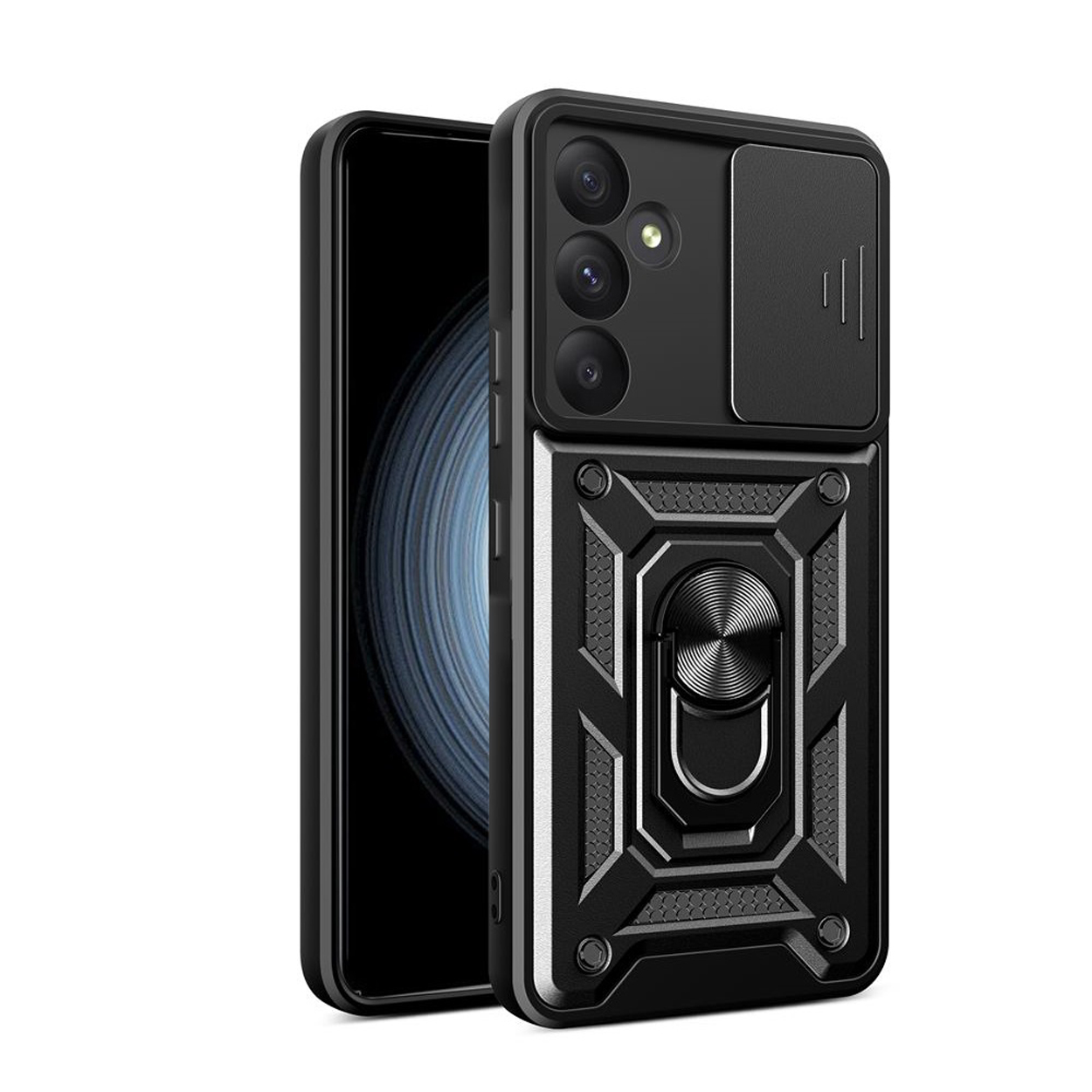Zwarte telefoonhoes, met een cameralensafdekking en een bevestigde ringhouder op een witte achtergrond.