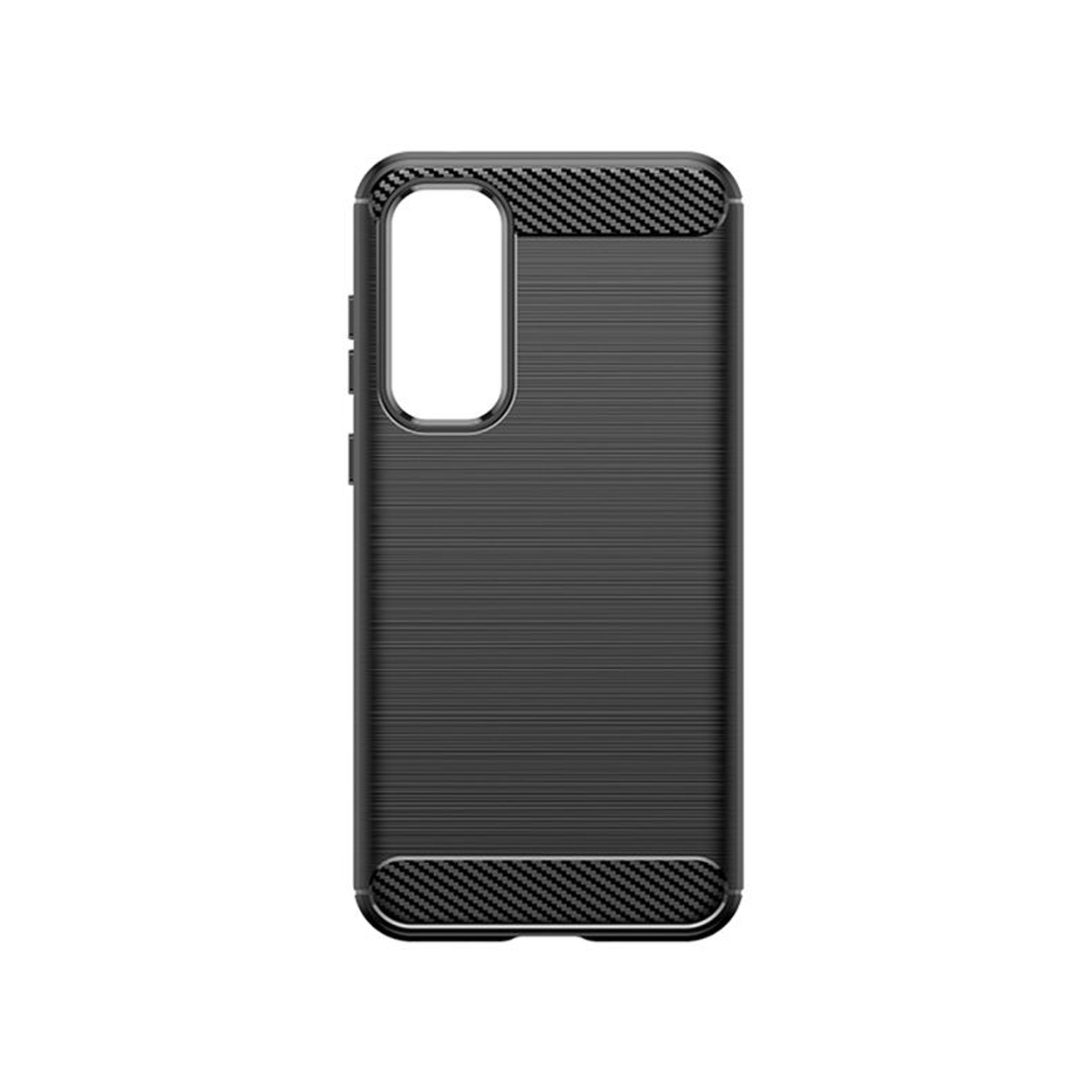 Coque de téléphone noire avec texture fibre de carbone et découpe caméra, sur fond blanc.