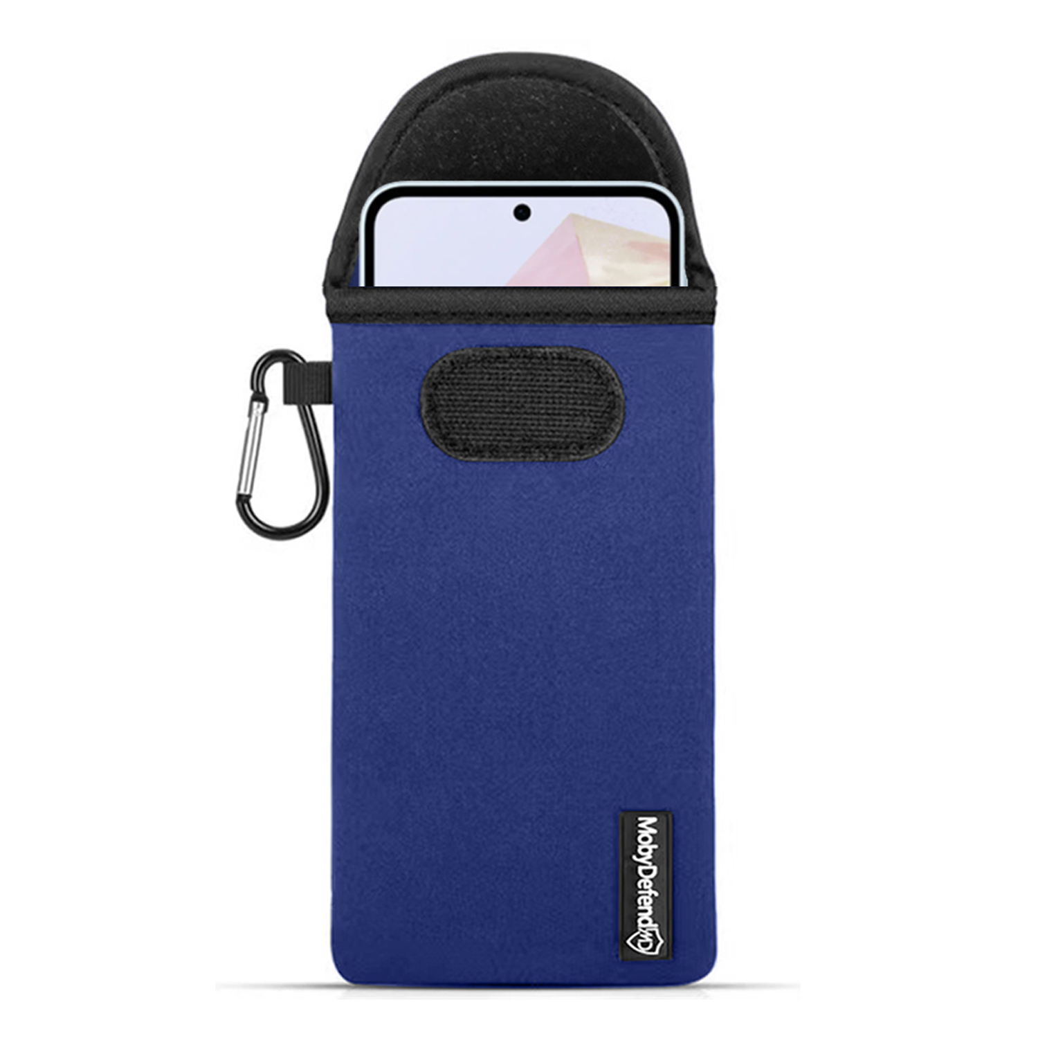 Pochette de téléphone bleue avec mousqueton. Un téléphone est visible à l'intérieur de la pochette.