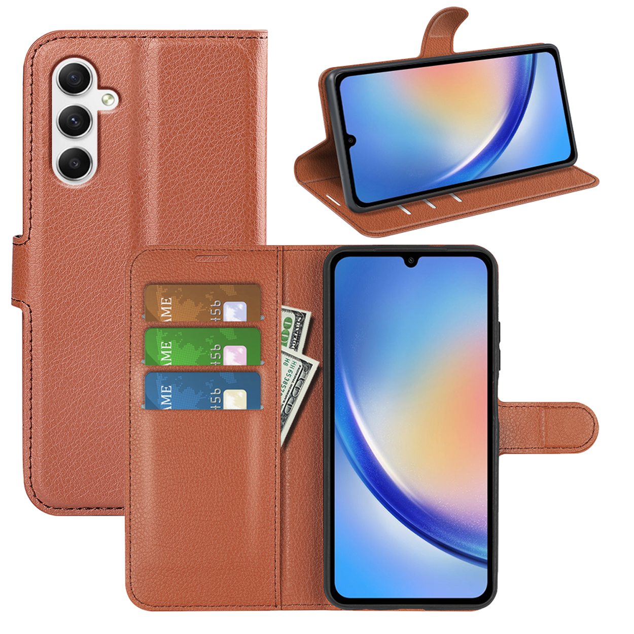 Een bruine telefoonhoes met open en gesloten weergave. De open weergave toont een telefoon, kaarten en contant geld. De gesloten weergave is links.