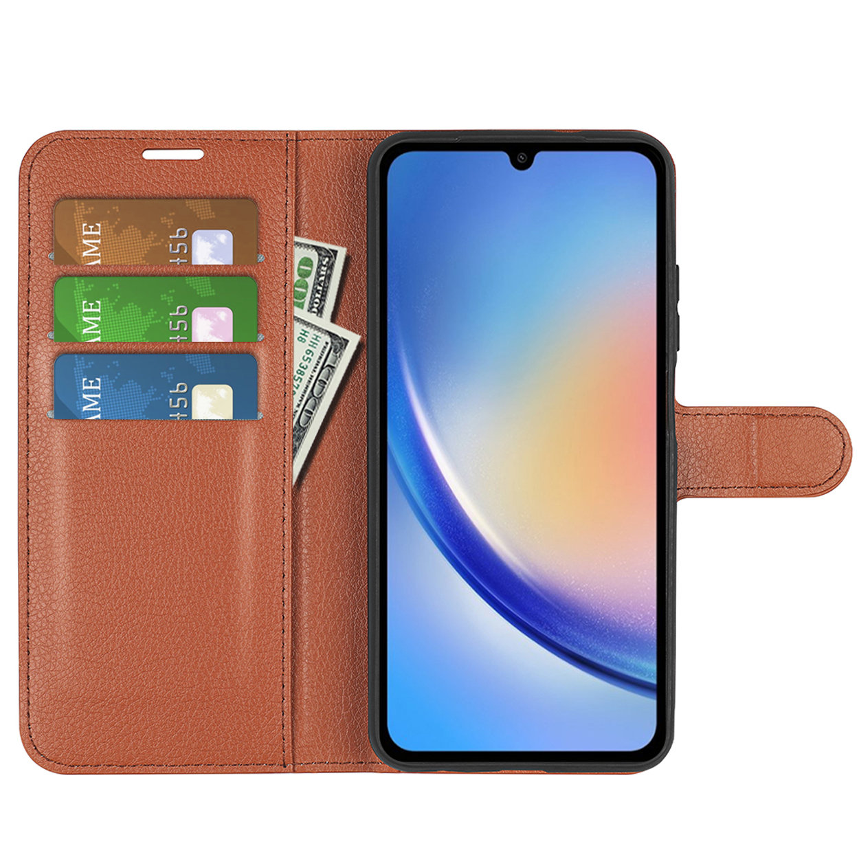 Bruine leren telefoonhoes open met kaarten, contant geld en een telefoon die een scherm weergeeft.