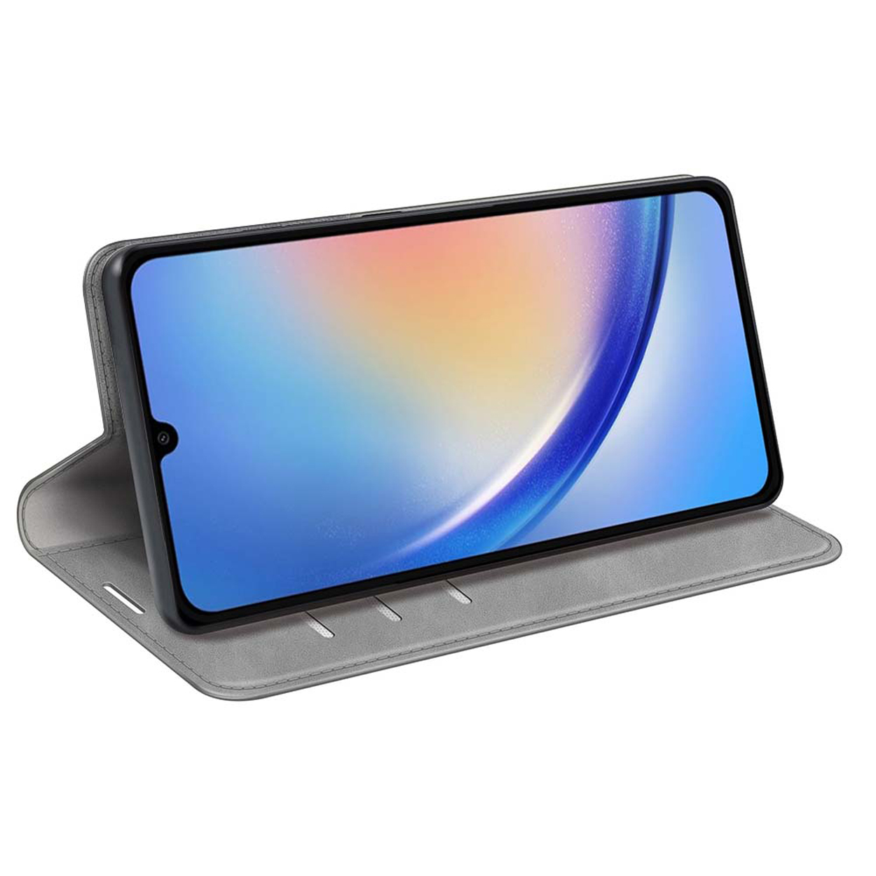 Grijze telefoonhoes met een telefoon die een kleurrijke abstracte interface toont, in standpositie.