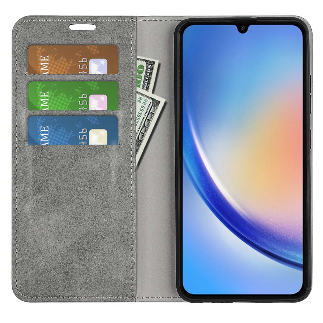 Grijze telefoonhoes open, met kaarten en contant geld. De telefoon staat rechts.