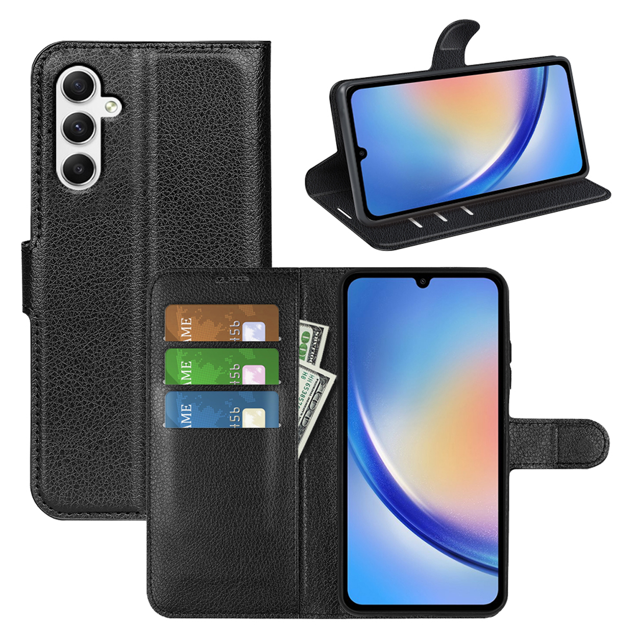 Étui de téléphone noir avec téléphone, cartes et argent. Le téléphone est ouvert et fermé. Fond blanc.