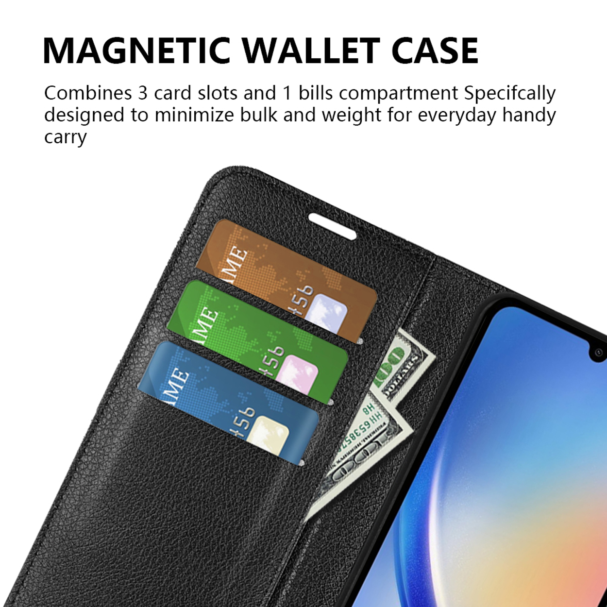 Étui portefeuille en cuir avec fentes pour cartes et un billet. Le texte indique : Magnetic Wallet Case.