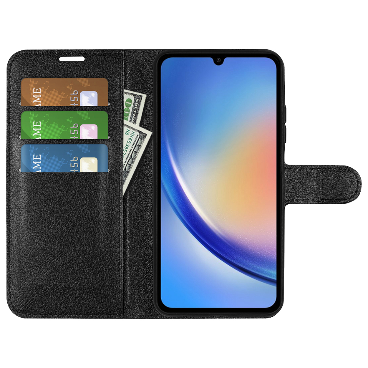 Un étui de téléphone noir ouvert, avec cartes et argent visibles. Le téléphone est à droite, affichant un écran bleu.