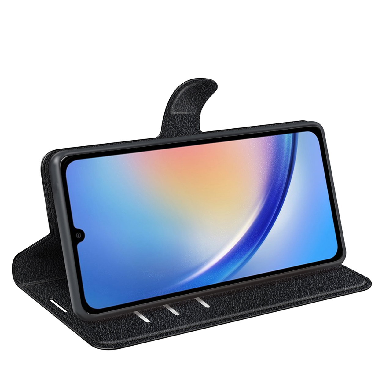 Coque de téléphone noire ouverte avec téléphone à l'intérieur, légèrement incliné.