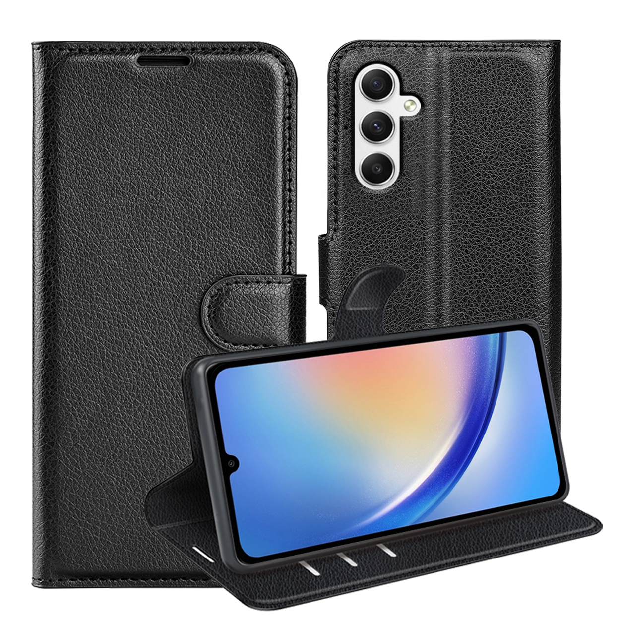 Étui de téléphone noir ouvert, avec un téléphone à l'intérieur. Montrant l'arrière du téléphone avec des caméras.