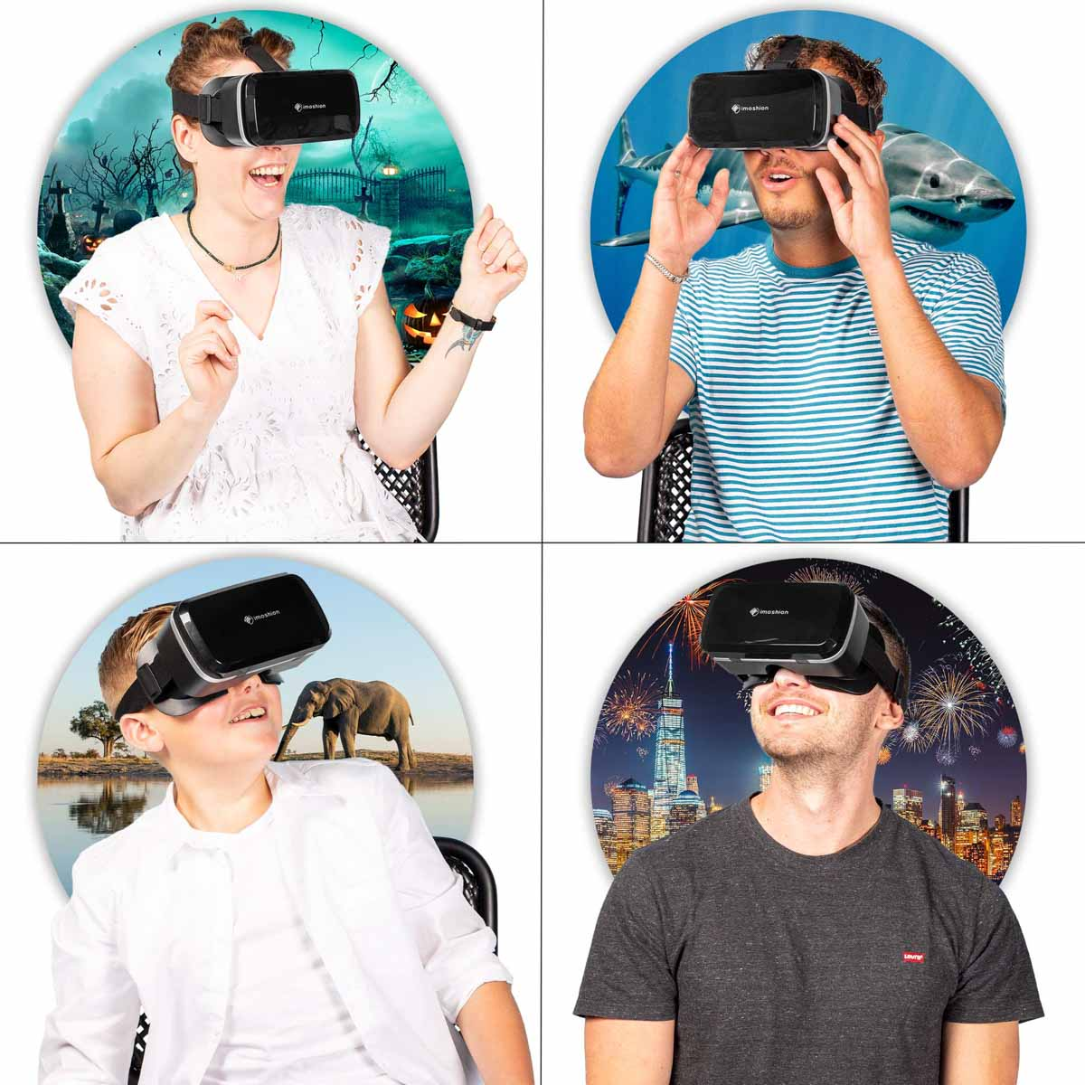 Four people wearing VR headsets, each in a different virtual reality scene. Colorful, bright backgrounds.