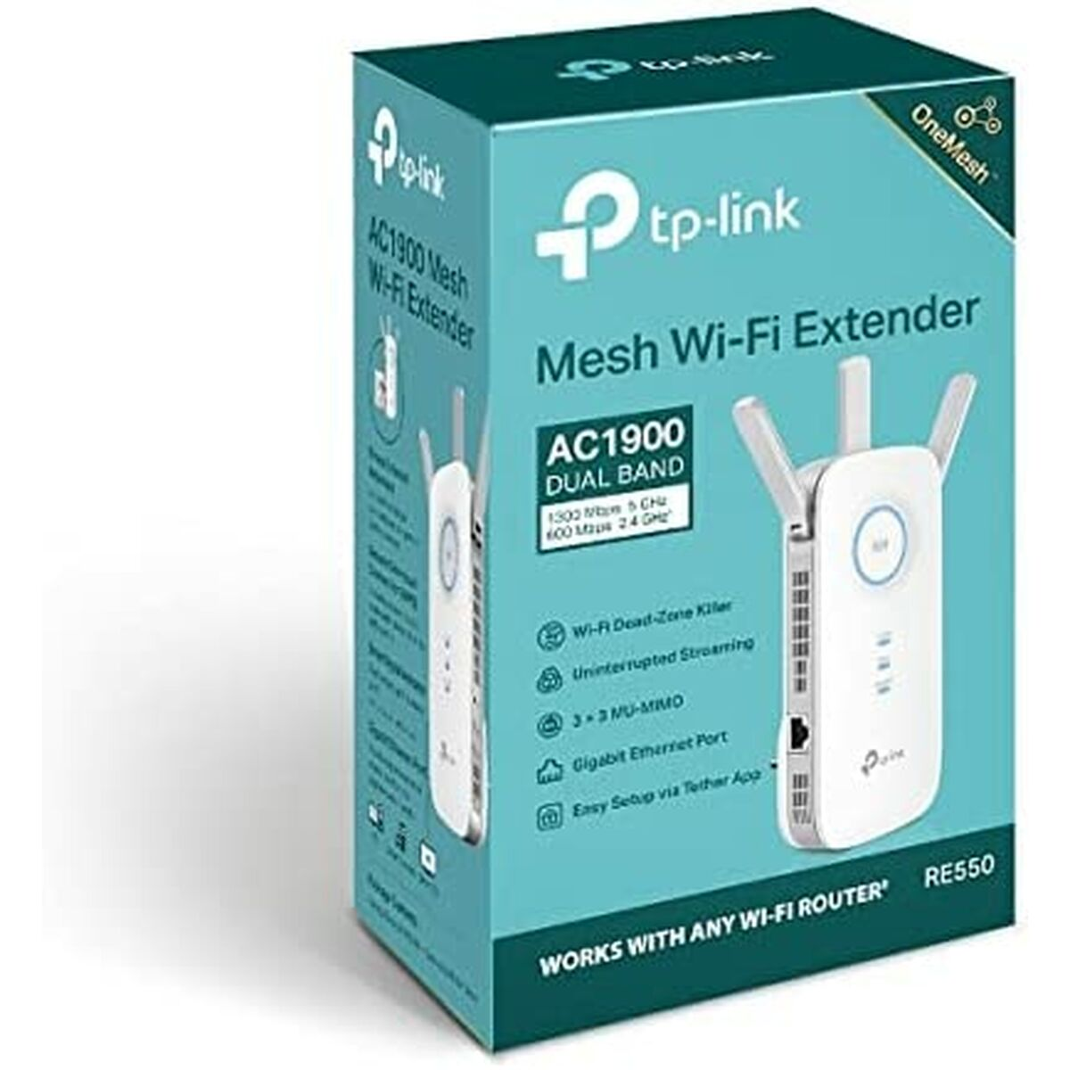 Eine Wi-Fi-Extender-Box mit einem weißen Gerät und Text zur Beschreibung der Funktionen auf weißem Hintergrund.