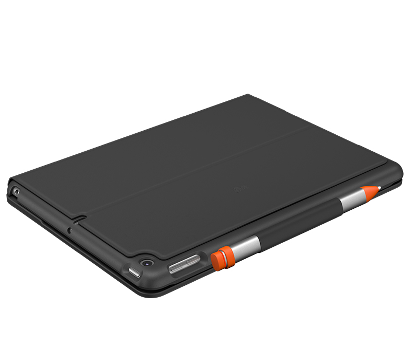Czarny tablet z klawiaturą, zamknięty. Dołączony jest rysik.