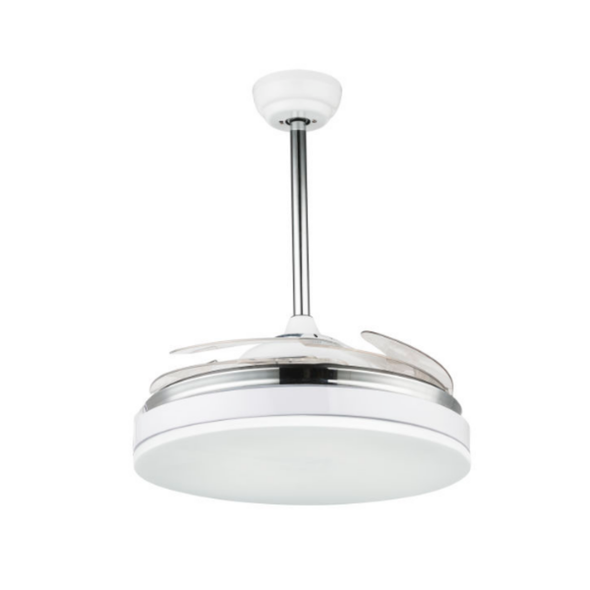 Weißer Deckenventilator mit drei Flügeln, mit Chrom-Finish.